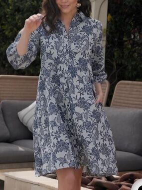 New $89 Baltic Born Dakota Navy Gray Floral Babydoll Dress Womens LG